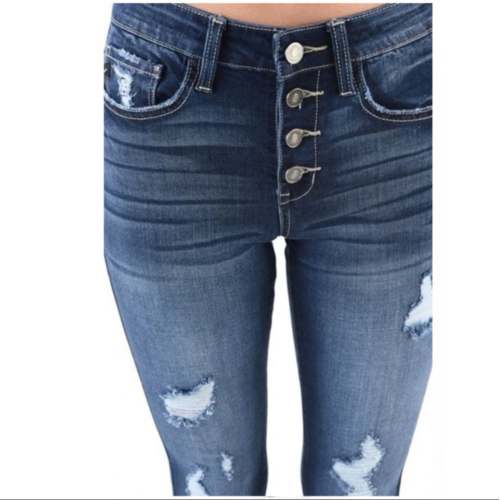 KANCAN DARK WASH DISTRESSED CUFFED HEM - Picture 6 of 8